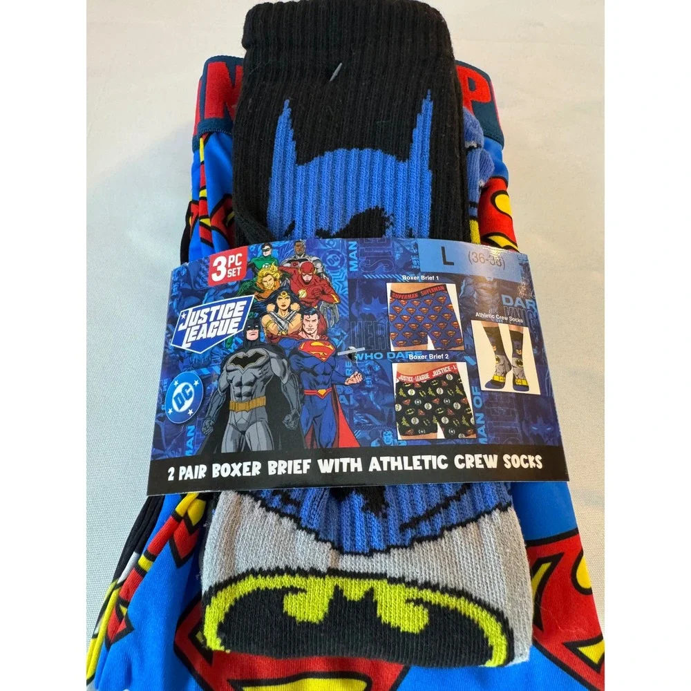 DC Comics Justice League 3 Pack Boxer Brief & 2 Crew Socks Mens Large NWT